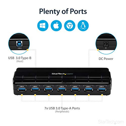 StarTech.com 7 Port USB 3.0 Hub – Up To 5 Gbps – 7 x USB – Universal Multi Port USB Extender for Your Desktop – USB Powered (ST7300USB3B)