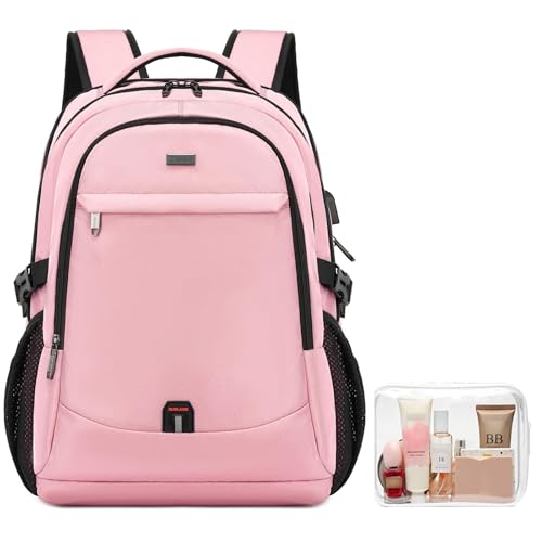 17 Inch Laptop Backpack for Travel Water Resistant College Backpack for Women Laptop Bag with USB Charging Port and Clear Toiletry Bag Work Backpack,Pink A - color: 30191 Pink With Clear Toiletry Bag
