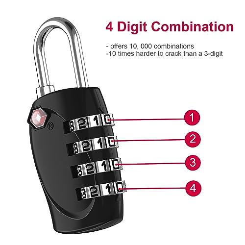 ZHEGE Suitcase Lock TSA Approved, 4 Digit Combination Luggage Lock (Black) | Resettable, for Backpack, Briefcase, Tent, Small Gym Locker Padlock - color: Black 1, size: 4 Digit Padlock
