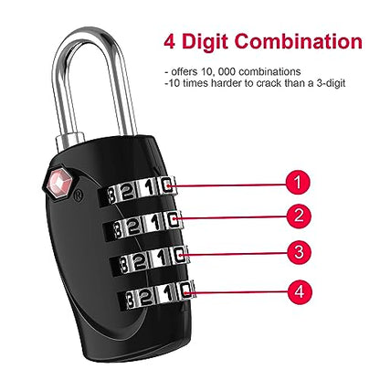 ZHEGE Suitcase Lock TSA Approved, 4 Digit Combination Luggage Lock (Black) | Resettable, for Backpack, Briefcase, Tent, Small Gym Locker Padlock - color: Black 1, size: 4 Digit Padlock