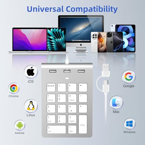Wired Numeric Keypad with USB-C & USB-A – 18 Keys Number Pad, Built-in 3-Port USB 2.0 Hub, 15° Ergonomic Numpad for Laptop, Desktop, Surface, iPad – Plug & Play for Windows, macOS, Chrome OS