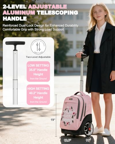 NEW TILAMI 19 Inch Rolling Backpack with Lunch Bag School Stair-Climbing | Stair-Climbing Teen Boys Girls Carry-on Suitcase Large Compartment 15.6 Laptop Sleeve Adjustable Handle Roller Travel Bag - color: Flower Pink