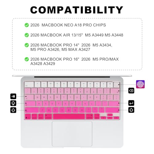 Allinside Keyboard Cover for 2026 MacBook Neo 13-inch A3404 (A18 Pro) & MacBook Air 13"/15" and MacBook Pro 14"/16" (M5 Chip), Premium Silicone Keyboard Protector Skin, US ANSI Layout, Ombre Hot Pink - color: Ombre Hot Pink