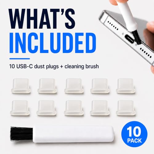 USB C Dust Plugs 10 Pack with Cleaning Brush, Charging Port Covers, Clear | Helps block dust, lint and debris, helps support reliable charging, snug low profile fit, durable flexible construction - color: Clear