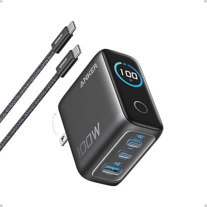 Anker 100W Max USB C Charger, 3-Port GaN Phone Charger with Smart Display | Ultra-Compact Fast Laptop Charger with Touch Control for iPhone 17 Series,iPad,MacBook Pro/Air(Include Cable,Non-Battery) - color: Dark Gray