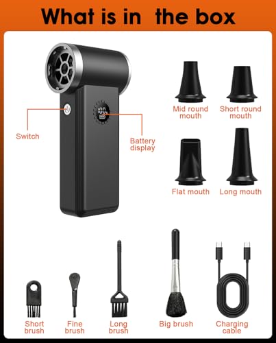 Compressed Air Duster, 180000 RPM Turbo Dust Blower, 45W Charge | SuperPower Mini Cordless Electric Air Duster, 8000mAh, 4 Adjustable Speeds, Keyboard/PC/Car Cleaner, Replace air can - color: Black