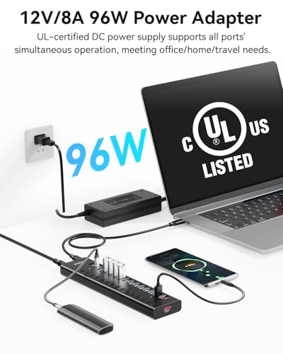 Powered USB Hub, AGEEN 16-Port USB 3.2 Hub (14 USB-A+2 USB-C), 10Gbps | 11*USB-A 3.0, 3*QC 24W Fast Charging, 2*USB-C 3.0, Plug & Play, Aluminum, 96W Power Adapter for PC, Laptop, HDD, Flash Drive