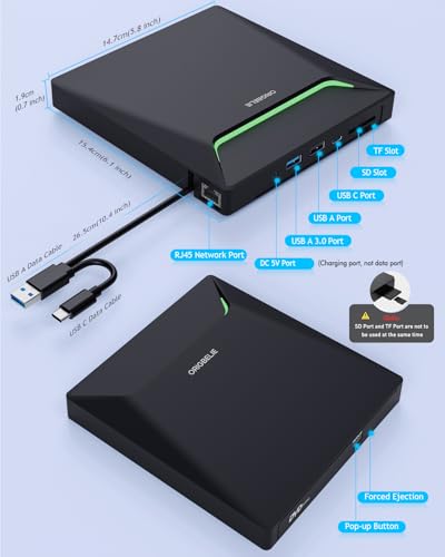 New External CD DVD Drive with Ethernet Adapter USB 3.0 Hub & Carrying Case | 3 USB & 2 TF/SD Card Ports, CD DVD Burner Player Reader Writer Optical Disc Drive for Laptop MacBook PC Windows Linux Mac OS - size: 6.1" x 5.8" x 0.68"