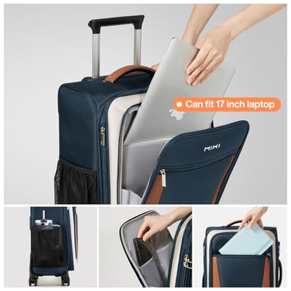 mixi Carry On Luggage 20 Inch Softside Expandable Suitcase with Front Pocket, 22x14x9 Airline Approved Rolling Lightweight Travel Suitcases with Wheels & TSA (Deep Blue-Off White) - color: Deep Blue-Off White