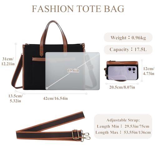 RAVUO Laptop Tote Bag Women, Water Resistant 15.6 Inch Large Canvas Handbag Business Briefcase With Detachable Shoulder Strap - color: Brown With Wallet Purse