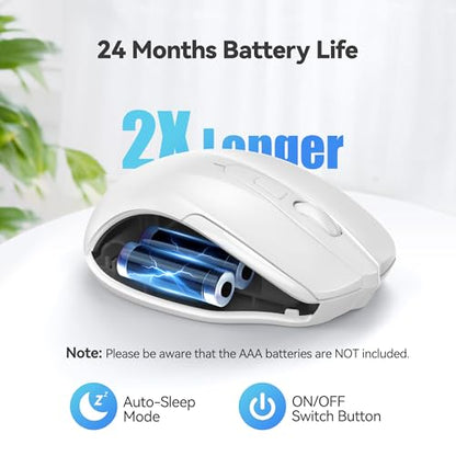 TECKNET Wireless Mouse, 2.4G Ergonomic Computer Mouse, 2600 DPI, White | Ergonomic Design with Side Grips, Adjustable DPI, 2-Year Battery, Compact Size, USB-A Plug & Play, Wide OS Compatibility - color: White