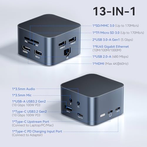 13-in-1 USB C Hub Multiport Adapter, USB C Docking Station with 4K@60Hz, 100W PD, USB A&C 3.2, 2xUSB A 3.0, Ethernet, SD/Micro SD, Audio, Mic, Laptop Dock for MacBook Pro/Air, iPad, Windows