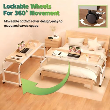 Overbed Table with Wheels and Desktop Enclosure, Height and Length Adjustable Over Bed Desk King Queen Bed Table Overbed Laptop Table (Walnut) - color: Walnut