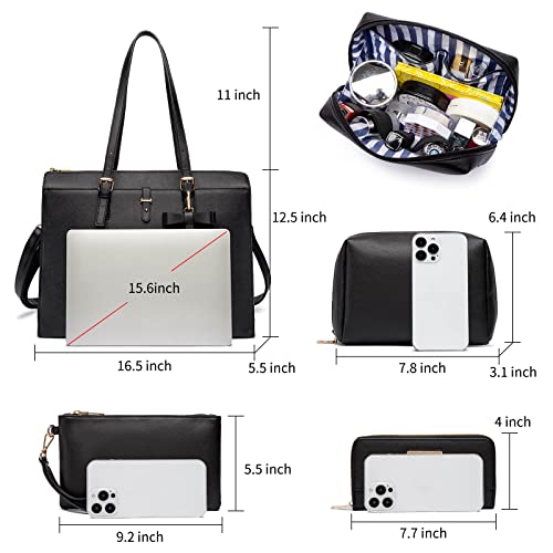 Keyli 4pc Sets Laptop Bag for Women Large Leather Laptop Briefcase with USB Charging Port Computer Shoulder tote Bags Purse - color: Black