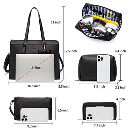 Keyli 4pc Sets Laptop Bag for Women Large Leather Laptop Briefcase with USB Charging Port Computer Shoulder tote Bags Purse - color: Black