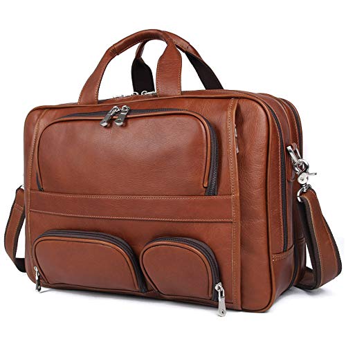 Augus Business Travel Briefcase Genuine Leather Duffel Bags for Men Laptop Bag fits 15.6 inches Laptop - color: Light Brown