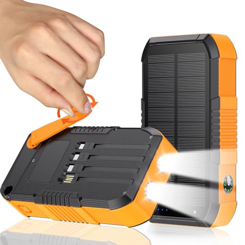 Hand CrankPower Bank 66800mAh and 4 Cables 22.5W Fast Charge Power Bank 5 Outputs & 3 Inputs Solar Portable Charger (Orange) - color: orange