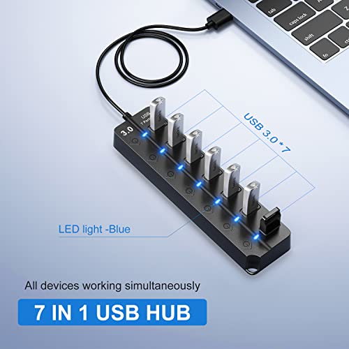USB Hub 7 Port, USB Splitter with Individual On/Off Switches and Lights. | USB 3.0 Hub with 3.3ft Cable, Extender for A Port Laptop, PC, Desktop - color: Black