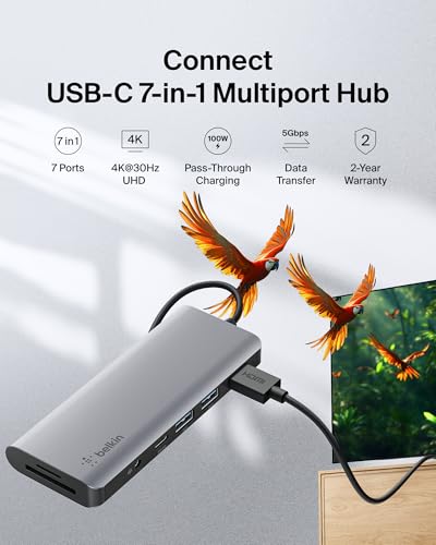 Belkin USB-C Hub, 7-in-1 MultiPort Docking Station for MacBook & Windows - 85W USB-C Power Delivery 3.0, 4K HDMI 1.4, 2x USB-A 3.0, SD 3.0, Micro SD 3.0, & 3.5mm Audio Jack - style: 7-in-1 USB-C Hub