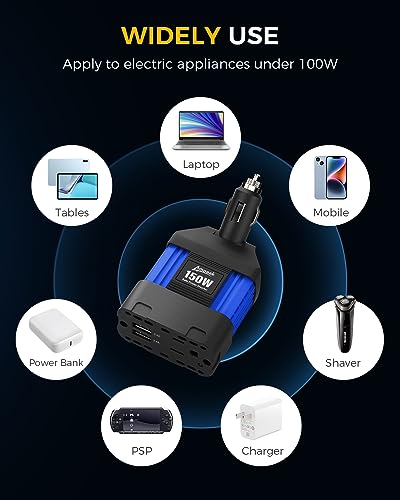 150W Car Power Inverter, 12V DC to 120V AC, Cigarette Lighter Plug | 300W Surge Peak, 1 AC Outlet, Dual USB 4.8A, 11 Protections, Compact for Laptop, Phone, Car, RV, Travel - color: 150W Blue