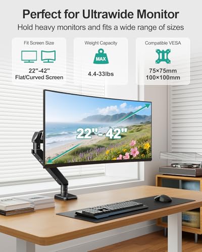 MOUNT PRO Ultrawide Single Monitor Arm for 22"- 42" Screens, Monitor Desk Mount Stand Holds up to 33 lbs, Heavy Duty Fully Adjustable Gas Spring Desk Mount, VESA Mount with Clamp/Grommet Base - size: Max 42", style: Single