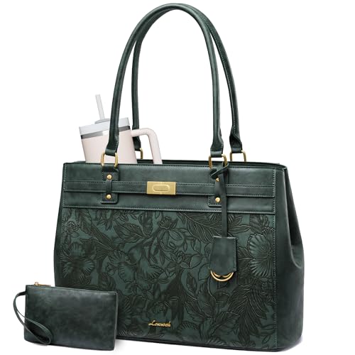 LOVEVOOK Laptop Tote Bag for Women, 17.3 Inch Waterproof Leather Work Computer Bag, Large Business Office Briefcase Shoulder Handbag Purse Gifts for Women - color: Green-flower, size: Large