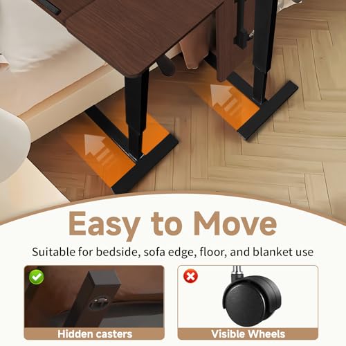 Overbed Bedside Desk with Hidden Wheels, Height Adjustable Rolling Laptop Stand, Tilting Over Bed Table for Bed Sofa, Mobile Bedside Table,Walnut - color: Walnut, style: Basic