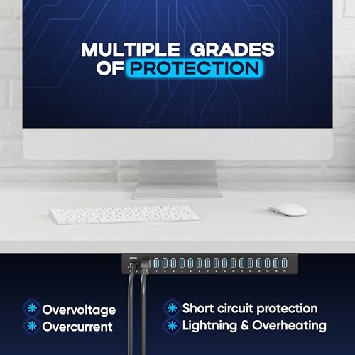 16-Port Powered USB 3.0 Hub, Desktop USB Expansion Hub with 5Gbps High-Speed Data Transfer, Aluminum USB Splitter for Multiple Devices, AC Power Adapter Included for PC and Laptop Use