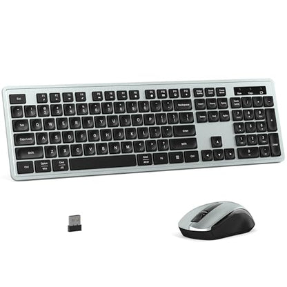 MPTOG Wireless Keyboard and Mouse Combo, Full-Size 104-Key Office Keyboard with 15 Function Keys, Numeric Keypad, Single USB Receiver, Compatible with PC and Laptop(Gray) - color: Gray