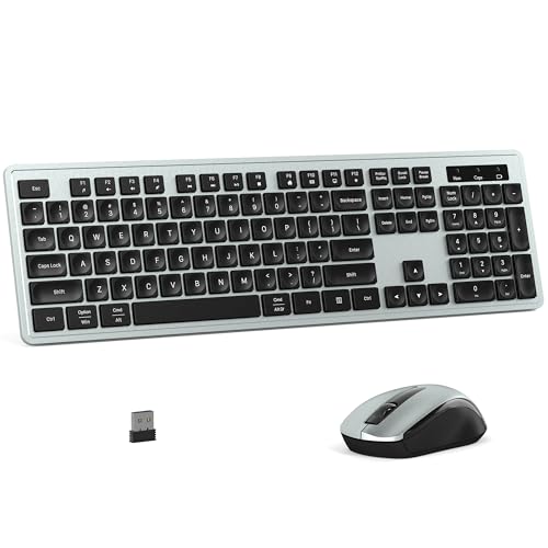 MPTOG Wireless Keyboard and Mouse Combo, Full-Size 104-Key Office Keyboard with 15 Function Keys, Numeric Keypad, Single USB Receiver, Compatible with PC and Laptop(Gray) - color: Gray