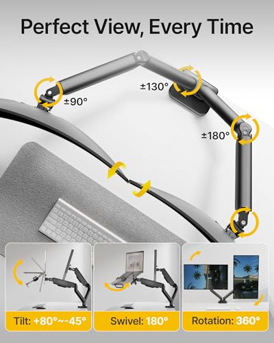 monTEK Dual Arm 2-in-1 Desk Mount, Laptop & Monitor, Fits 12–18" Laptops | Dual Arm Desk Mount with Ventilated Laptop Tray, Works for Laptop + Monitor,Full Motion Arm with Clamp/Grommet, 75/100 VESA - style: Dual Arm