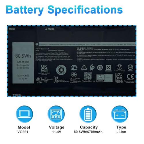 80.5Wh VG661 Laptop Battery Replacement for Dell Alienware X14 R1 R2 Series 0GD3C9 GD3C9 0V4N84 V4N84 1CP5/46/95-2 11.4V 6709mAh - size: 5.67*2.56*0.55inch VG661