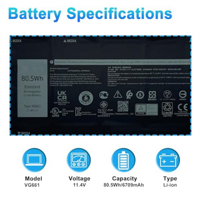 80.5Wh VG661 Laptop Battery Replacement for Dell Alienware X14 R1 R2 Series 0GD3C9 GD3C9 0V4N84 V4N84 1CP5/46/95-2 11.4V 6709mAh - size: 5.67*2.56*0.55inch VG661