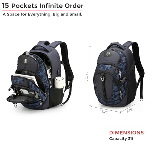 Swissdigital Design Laptop Backpack with USB Charging Port, Travel Backpack Fits 15.6 inches Computer, 31L College School Backpack for Men, Blue Camo | SD803-92 - color: Blue Camo