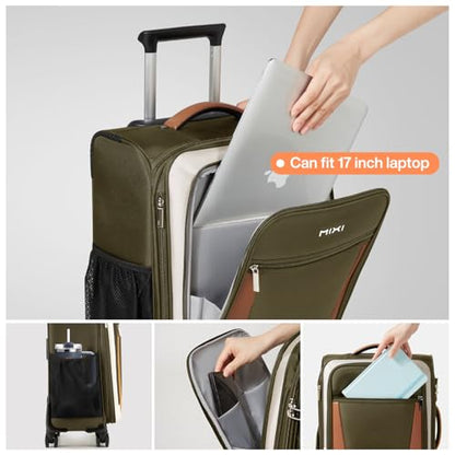 mixi Carry On Luggage 20 Inch Softside Suitcase, Tea Brown-Off White | Front Pocket, 22x14x9 Airline Approved, Rolling Spinner Wheels, TSA Lock, Lightweight - color: Tea Brown-Off White
