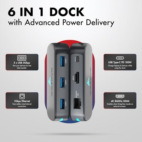 Type C 6 in 1 Wozoyo Docking Station with 3XUSB 5Gbps (3.2 Gen 1), 4K@60Hz HDMI, 1Gbps Ethernet & PD 100W, USB-C Hub, Thunderbolt 4 Compatible, Compatibility with macOS, Windows, Android & iOS - style: 6-in1