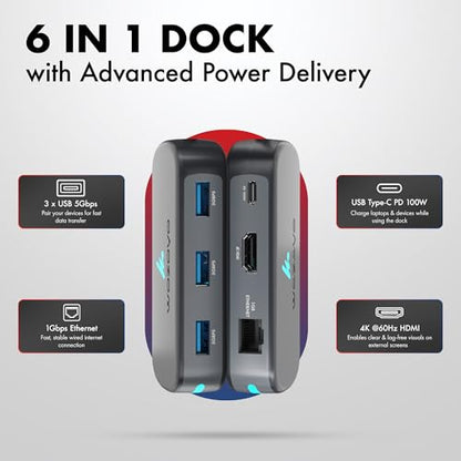 Type C 6 in 1 Wozoyo Docking Station with 3XUSB 5Gbps (3.2 Gen 1), 4K@60Hz HDMI, 1Gbps Ethernet & PD 100W, USB-C Hub, Thunderbolt 4 Compatible, Compatibility with macOS, Windows, Android & iOS - style: 6-in1
