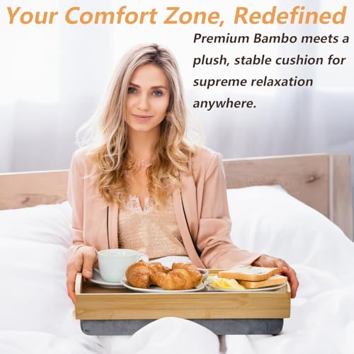 TOPZEA Bamboo Lap Tray with Detachable Cushion, 16.5"x 12.5" Bed Trays TV Lap Desk, Breakfast Meal Serving Tray with Handle for Adults Eating in Recliner, Couch, Car, Fits for 13-14 Inch Laptops