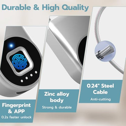 Fingerprint Cable Lock, Fridge Lock with Fingerprint Bluetooth APP Control, Smart Biometric Waterproof Child-Proof Refrigerator Locks for Kids & Adults Fridge French Door Cabinet Gate - color: Silver