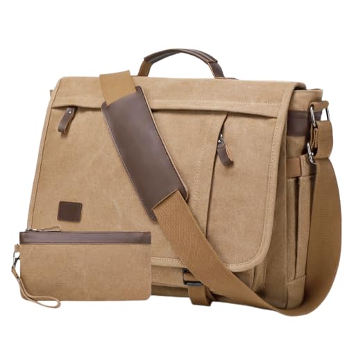 17.3 Inch Messenger Bag for Men: 2PCS Laptop Bag PU Leather Canvas Work Briefcase Large Office - color: Canvas Brown Khaki
