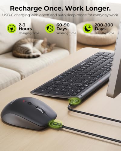 seenda COE401 3-Device Bluetooth Keyboard Mouse Combo, Silent, Black Gray | Rechargeable slim combo connects with 3 devices; quiet use for Windows, Mac, PC, laptop, MacBook and iPad - color: Black Gray