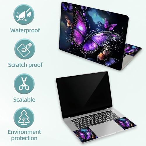 Universal Laptop Skin Decal, 3-Piece Vinyl Protector for 12 13 14 15.6" Notebook, Waterproof Anti-Scratch, Easy Trim & Bubble-Free Finish, Purple Butterfly with Glittering - color: Purple Butterfly with Glittering