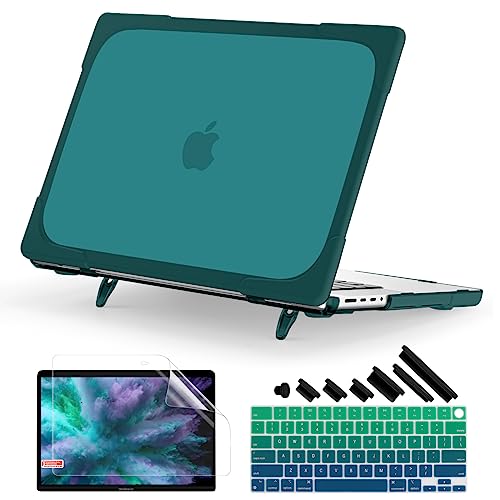 Batianda Heavy Duty Case for MacBook Pro 14 inch 2026-2021, Deep Teal | Fits M5/M4/M3/M2/M1 Pro Max Chip, Ergonomic Foldable Stand Holds 22 lbs, Shockproof Bumper, Matte Translucent Hard Shell - color: Deep Teal