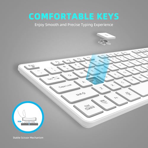 Slim Wireless Keyboard for Mac and Windows, Ultra Quiet Low-Profile Flat Key Board with Full-Size Keys, 2.4GHz Wire Less for PC, Mac, Windows 11/10/8/7 White - size: Full Size