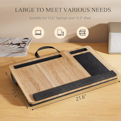 Portable Lap Desk for Laptop, Wood Lapdesk Bed Table with Handle Fits up to 15.6 inches Tray Table with Soft Pillow, Mouse Pad, Wrist Pad & iPad/Phone Slots, Laptop Stand 21.6 x 13.4in-Walnut