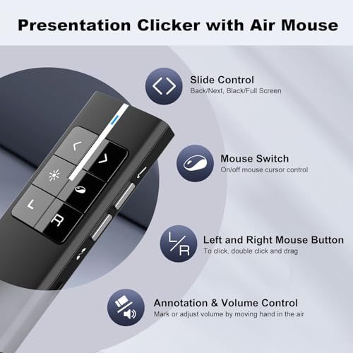 N99 Air Mouse Presentation Clicker with Laser Pointer, Wireless Presenter | Rechargeable Clicker for PowerPoint presentations, Volume Control PowerPoint Clicker, Presentation Remote, Annotate and Erase