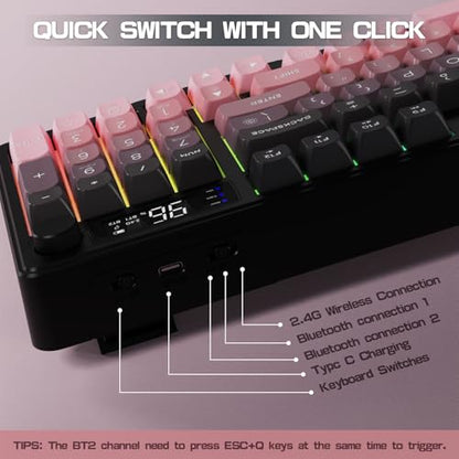 LexonElec M96 Wireless Keyboard, Low Profile Quiet Typing Membrane Gaming Keyboard with Smart Display & Knob, RGB Backlit, USB C Rechargeable, 94 Keys PBT Keycap for Windows PC, Mac, Linux-BlackBerry - color: Blackberry