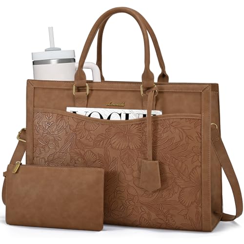 LOVEVOOK Laptop Tote Bag for Women, Large Work Computer Bag with Cup Holder | PU Leather Business Briefcase Teacher Travel College Bag Handbag fit for 15.6 inch Laptop, Office Purses Gifts for Women,2pcs - color: Retro Embossed Brown, size: 15.6 Inch