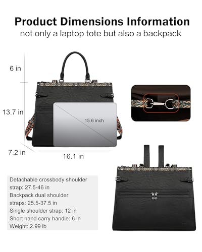 FADEON Laptop Bag for Women Designer PU Leather Large Tote Bags Backpack Purses with 15.6 Laptop Compartment Shoulder Handbag - color: Black