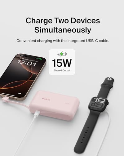Belkin 10000mAh 20W USB C Power Bank, Portable Charger for iPhone & iPad | Fast Charging, Integrated USB C Cable, Eatra USB C Port, iPhone 17, iPad, Samsung Galaxy S26, Charge 2 Devices - color: Pink, style: 10K mAh